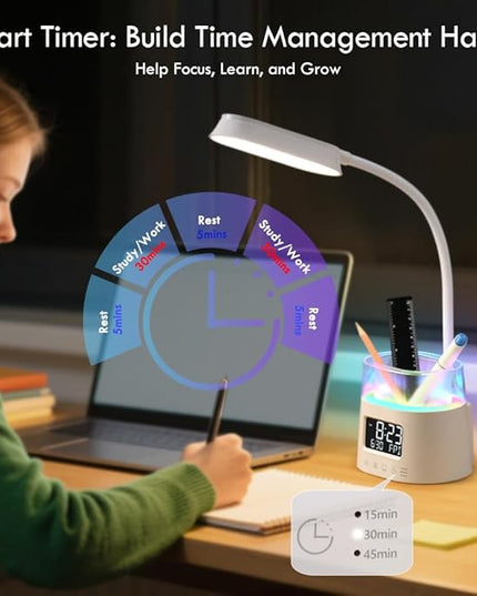 WILIT LED Desk Lamps for Home Office with Pen Holder, Table Lamp for Bedroom with USB Charging Port & Clock, RGB Night Light, Study Lamp for Kids Student, Desk Lamp for College Dorm Room Essentials