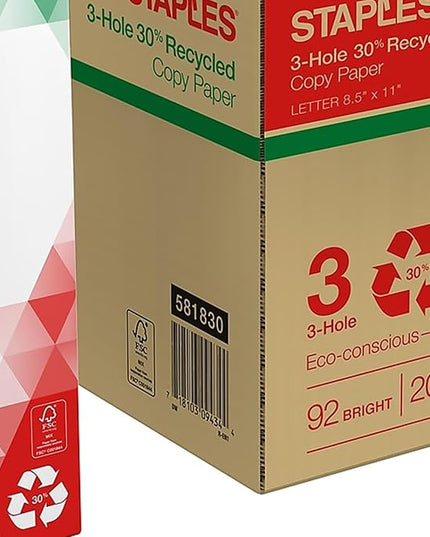 Staples Recycled 8.5 x 11-Inch, 3-Hole Punched Copy Paper 20 lb 92B 500/RM 10 RM/CT