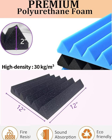Sound Proof Foam Panels for Wall 24 Pack Acoustic Panels Sound Absorbing 2" X 12" X 12" Fire-Proofed Soundproofing Foam High Density Sound Dampening Panels for Room Studio