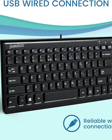 Perixx PERIBOARD-407B US, Wired USB Mini Keyboard with 11 Hot Keys - Glossy Black - US English Layout