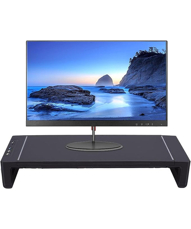 GOWENIC Monitor Stand Riser for Desk with 4 USB 3.0 Hub, Foldable Computer Screen Riser with Storage Drawer and Phone Holder, Desk Organizer for PC Laptop