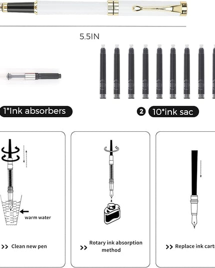 Tiankool Luxury Fountain Pen,Fine Nib, Exquisite Pen Gift Set for Men&Women-Includes 10 Ink Cartridges&Ink Converter- Nice Pens - White