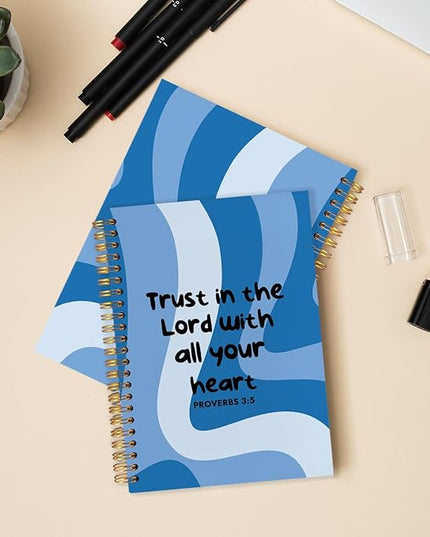 Abstract Blue Christian Spiral Journal Notebook 5.5x8.3in, Trust in the Lord with All Your Heart Bible Journal, Inspirational Religious Notebooks for Note Taking, Hardcover Notebook