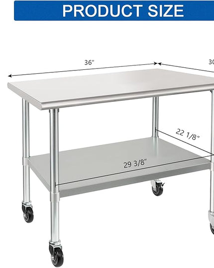 HARDURA Stainless Steel Table with Wheels 30 x 36 Inches Casters NSF Heavy Duty Commercial Prep Table with Undershelf and Galvanized Legs for Food Prep