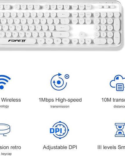 FOPETT Wireless Keyboard and Mouse Combo - 2.4G Full-Sized White Keyboard with Round Keycaps 104 Keys Typewriter Keyboard for Laptop/Windows/PC - White