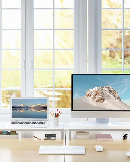 TEAMIX 2 Pack White Monitor Stand Riser - 20 inch, Wooden Desktop Stand for PC/TV/Laptop/Printer, Monitor Riser with Storage, Computer Stand with Keyboard Organizer