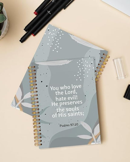 Christian Inspirational Spiral Journal Notebook 5.5x8.3in, You Who Love the Lord Psalms 97:10 Bible Journal, Abstract Grey Botanical Notebooks for Note Taking, Hardcover Notebook