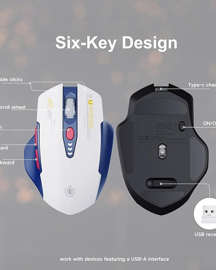 Uineer Wireless Mouse, [Upgraded] Visible Battery Display，Rechargeable Laptop Mice 2.4G USB, 4 Adjustable DPI Levels,Optical Ratón Wireless for Laptop PC Computer,White and Blue