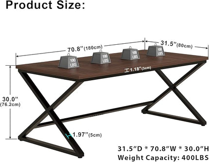 IBF Large Computer Desk, 70.8” Long Home Office Desk for Writing, Modern Simple Executive Work Desk for Study, Wood Metal Double PC Gaming Workstation Computer Table for Bedroom, Walnut, 70 inch