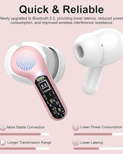 Wireless Earbuds, Bluetooth 5.4 Headphones HiFi Stereo, Bluetooth Earbuds with ENC Noise Cancelling Mic, IP7 Waterproof in Ear Earphones, 48H, LED Display Ear buds for Pad Phone Workout Sports, Pink