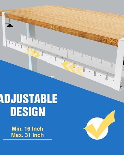 No Drilling Extendable Under Desk Cable Management, Metal Cable Management Tray Under Desk with Clamp, Retractable Power Strip Cord Holder for Wire Management 31Inch (1 Pack White)
