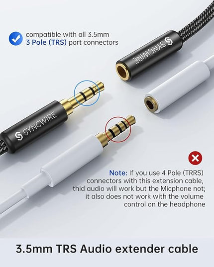 Syncwire Headphone Extension Cable - 6FT [Hi-Fi Sound][Gold Plated Jack][TRS] Nylon-Braided 3.5mm Male to Female Audio Extension Cord Compatible with iPhone iPad Smartphone Tablets Media Players