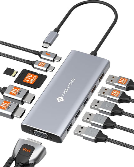 NOVOO USB C Docking Station Dual Monitor, 12-in-1 USB C Hub with HDMI 4K, VGA, USB 10Gbps, SD/TF, 100W PD, Multiport Adapter Compatible with MacBook Dell HP Surface