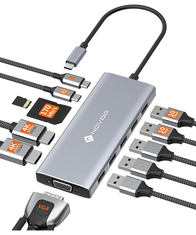 NOVOO USB C Docking Station Dual Monitor, 12-in-1 USB C Hub with HDMI 4K, VGA, USB 10Gbps, SD/TF, 100W PD, Multiport Adapter Compatible with MacBook Dell HP Surface