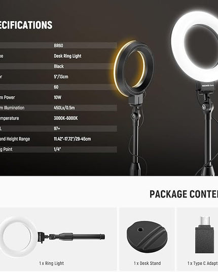 NEEWER Basics 5"/13cm Desk Ring Light with Stand, Phone Holder Base, 10W LED Selfie Light Compatible with iPhone for Video Recording Laptop Webcam Zoom Video Conference Lighting Makeup, Black BR60