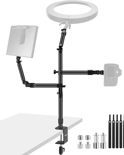 NEEWER Overhead Camera Desk Mount Rig Stand with 2 Boom Arms for Photography Devices: Video Light Ring Light Phone Mount Webcam Mic Compact DSLR for Home Office Studio Live Streaming Broadcast, ST008