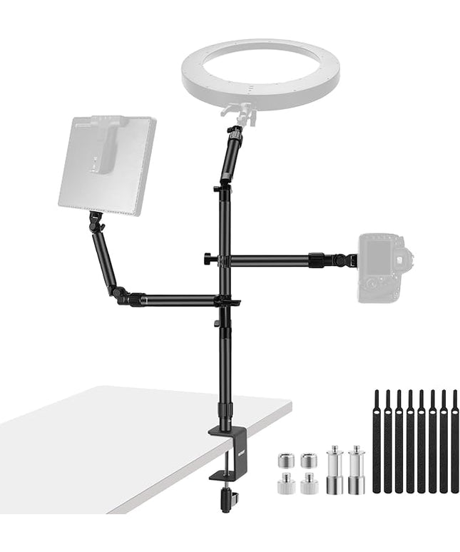 NEEWER Overhead Camera Desk Mount Rig Stand with 2 Boom Arms for Photography Devices: Video Light Ring Light Phone Mount Webcam Mic Compact DSLR for Home Office Studio Live Streaming Broadcast, ST008
