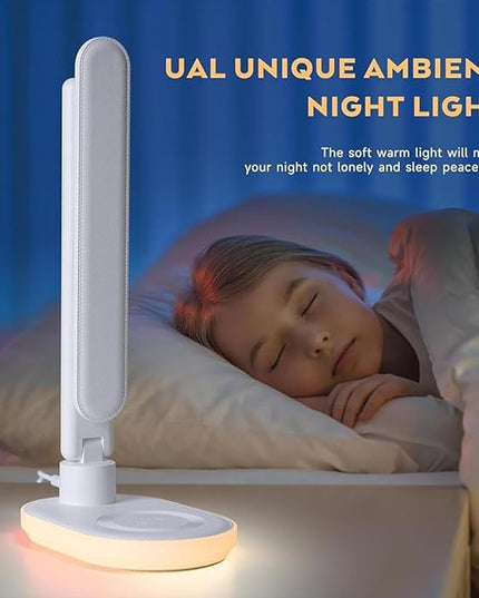 IHAO Luxury Multifunctional LED Desk Lamp10W Qi Wireless Charger Digital Alarm Clock Ambient Light & Temperature Display Adjustable Eye-Care Table Lamp with Leather Texture Design Table Lamp-U20 White