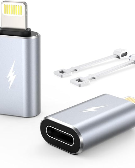 TechMatte Female USB C to Male Lightning Adapter 2 Pack 2.2A Charging Data Transfer, Compatible with iPhone 14, 13, 12, 11 Xs iPad iPod AirPods, Not for Audio Headphones/OTG Firewire Anti-Lost, Grey