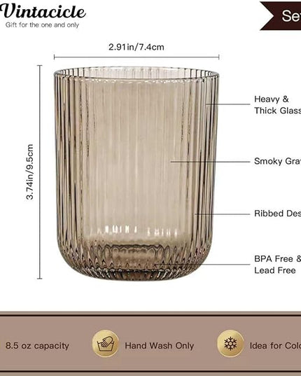 Drinking Glasses, Smoky Gray Highball Glasses Set of 6, Ribbed Glassware Glass Cups, Water Glasses for Juice, Iced Coffee Cups, Cocktail Glasses - Christmas Gifts - 8.5 oz
