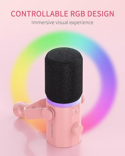 FEELWORLD PM1 XLR USB Dynamic Microphone Gifts for Podcast Recording PC Computer Gaming Live Streaming Vocal Voice-Over, Studio Metal Mic with RGB Light, Mute Button, Headphones Jack (Pink)