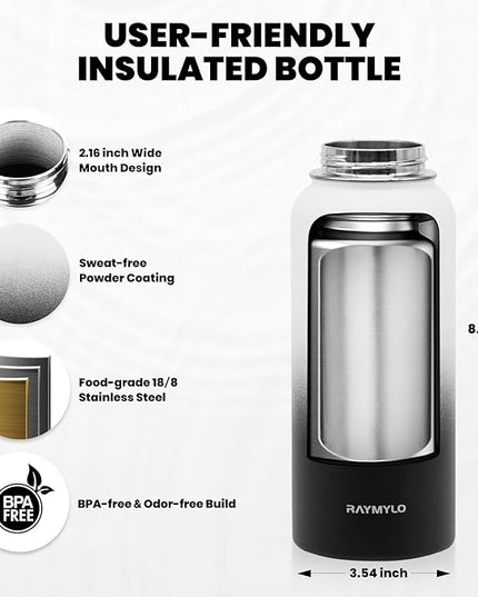 Insulated Water Bottle 32 oz, Triple Wall Vacuum Stainless Steel (Cold for 48 Hrs), Leak Proof & Non-BPA, Modern Water Flask Jug with Paracord Handle & Straw Spout Lids, Ombre: White/Black