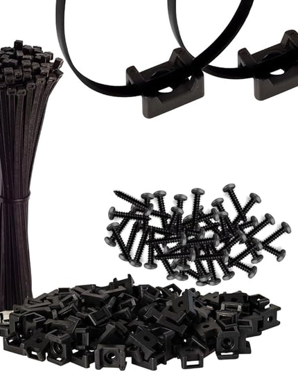 GTSE 8 Inch black Zip Ties, Saddle Mounts and Self Tapping Screws Set, 100 Pack Cable Ties, 50lb Strength, UV Resistant Strong Self-Locking Tie Wraps