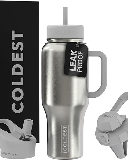 Coldest Tumbler with Handle and Straw - 100% Leak Proof Insulated Tumbler with Lid and Straw (3 Lids) - Stainless Steel Tumblers for Women & Men, Cup Holder Friendly Base, 36 oz (Polished Steel)
