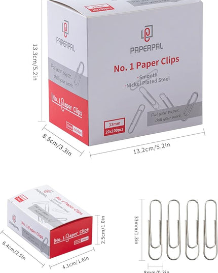 PAPERPAL Paperclips for Office School & Personal Use, #1 Smooth Paper Clip (1-2/7"), 2000 Medium Paper Clips (20 Boxes of 100 Each), Silver
