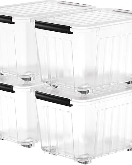 Nazhura 97 Quart Plastic Storage Bin, Stackable and Nestable Storage Boxes with Lids and Secure Latching Buckles, Large Storage Container (Clear, 97Quart-4Pack)