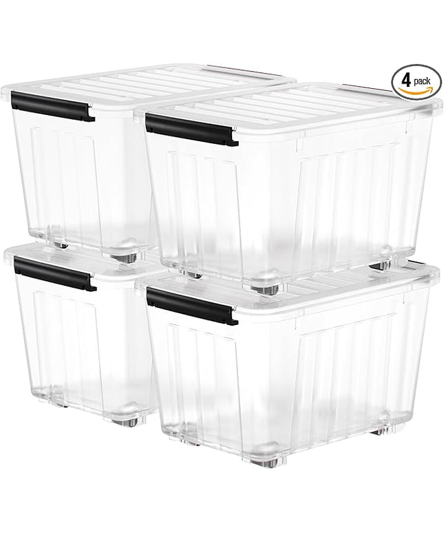 Nazhura 72 Quart Plastic Storage Bin, Stackable and Nestable Storage Boxes with Clear Lids and Secure Latching Buckles, Large Storage Container (Clear, 72Quart-4Pack)
