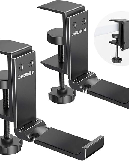 Goldmille 2 Pack Aluminum Headphone Stand Hanger Foldable with Cable Clip - Headset Holder Clamp Hook Under Desk, Save Your Space While Working & Gaming