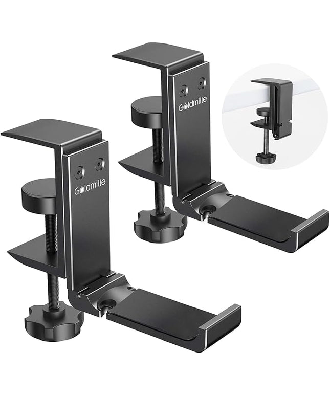 Goldmille 2 Pack Aluminum Headphone Stand Hanger Foldable with Cable Clip - Headset Holder Clamp Hook Under Desk, Save Your Space While Working & Gaming