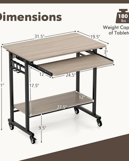 Tangkula Rolling Computer Desk Cart with Keyboard Tray, Mobile Portable Laptop PC Desk with CPU Stand & 3 Hooks for Sofa & Bed, Industrial Small Desk on Wheels for Small Spaces (Grey)