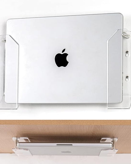 SIPRDE Wall Mount Laptop Holder - Also Available as an Under Desk Laptop Mount, Clear Acrylic, with Adhesive & Screw, for Macbooks, Surface, Keyboards, Switch, Tablets & More