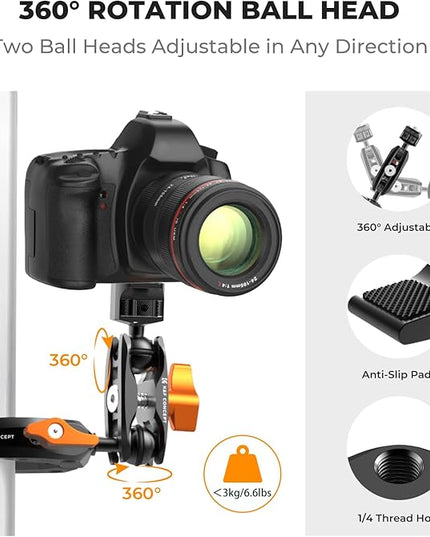 K&F CONCEPT Camera Clamp Mount, Super Clamp Mount Magic Arm with Two 360° Ball Heads, ARRI 1/4" Screw Threads for DSLRs, Action Camera, Tripod, Phone Compatible with Gopro/DJI/Insta360