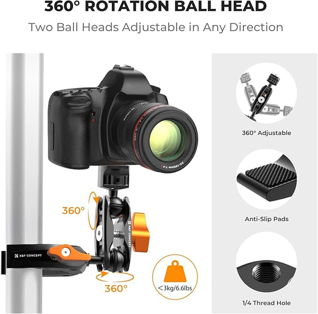 K&F CONCEPT Camera Clamp Mount, Super Clamp Mount Magic Arm with Two 360° Ball Heads, ARRI 1/4" Screw Threads for DSLRs, Action Camera, Tripod, Phone Compatible with Gopro/DJI/Insta360