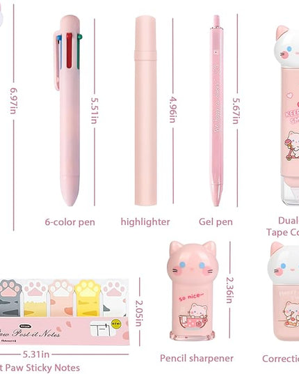 9Pcs Pink Cute Cat Stationery Gifts Set School Supplies Kawaii Japanese Stationery Christmas Birthday GIFS Includes Pencil Sharpener Highlighter Correction Tape Pens Ruler for Office School Supplies