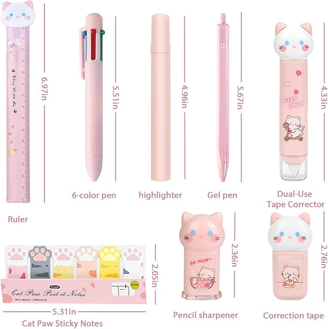 9Pcs Pink Cute Cat Stationery Gifts Set School Supplies Kawaii Japanese Stationery Christmas Birthday GIFS Includes Pencil Sharpener Highlighter Correction Tape Pens Ruler for Office School Supplies