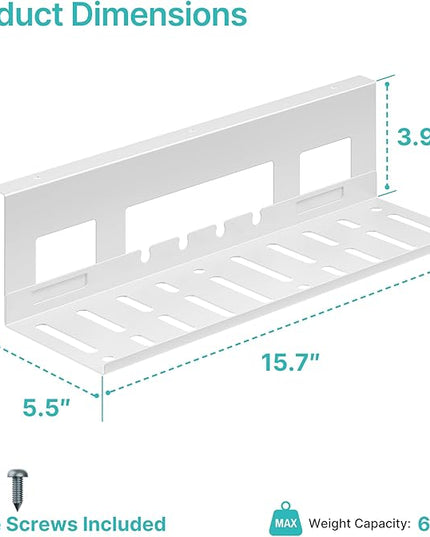 Under Desk Cable Management Tray, 15.7 Inches Metal Cord Organizer Rack, Desk Tray for Power Strip, Cord, Wire, Easy Mounting Cable Management Under Table for Home Office, White