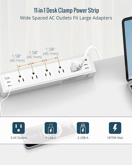 Tecmojo Desk Clamp Power Strip 5 Outlet with 2 USB A and 4 USB C Ports, 6 ft Cord, Desk Outlet Station Fit 1.6" Tabletop Edge,Over Loading Protection,ETL Listed,White
