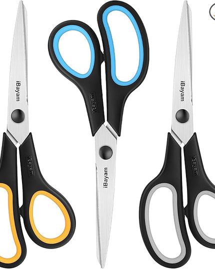 Scissors All Purpose, iBayam 8" Heavy Duty Scissors Bulk 3-Pack, 2.5mm Thickness Ultra Sharp Blade Shears with Comfort-Grip Handles for Office Home School Sewing Fabric Craft Supplies, Right/Left Hand