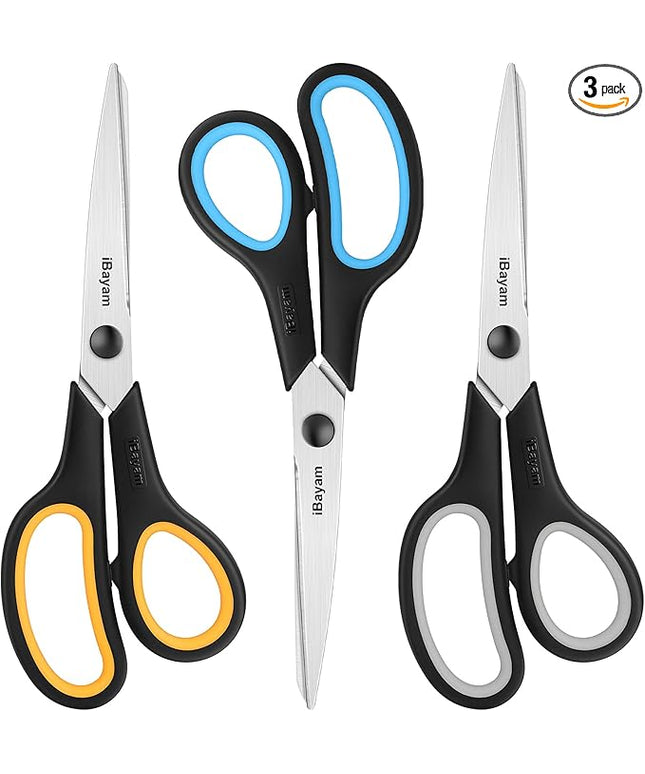 Scissors All Purpose, iBayam 8" Heavy Duty Scissors Bulk 3-Pack, 2.5mm Thickness Ultra Sharp Blade Shears with Comfort-Grip Handles for Office Home School Sewing Fabric Craft Supplies, Right/Left Hand
