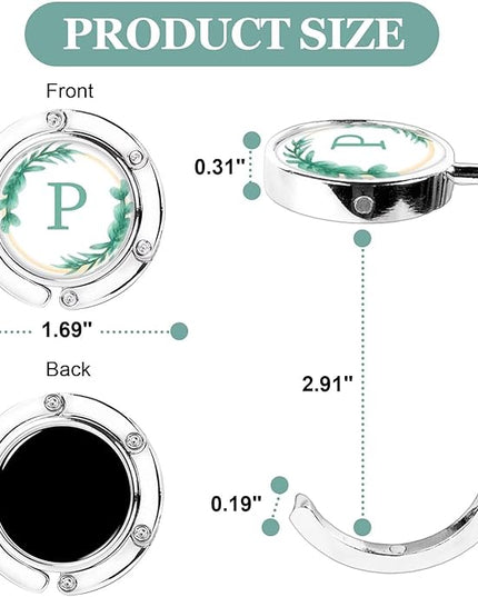 XSUIOY 3Pcs Personalized Initial Foldable Purse Hook for Table,Crushed Flower Letters Folding Purse Hanger,Purse Holder Handbag Hanger Collection Desk Table Bag Hooks Gifts for Women Bag(Green-P)