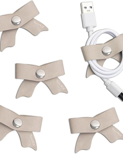SenseAGE 5 Pack Cord Organizer, Bow Cord Keeper, Cable Organizer USB Holder, Leather Cable Management, Cable Straps, Earphone Winder, Storage Straps for Electronics, Earbuds (Moonlight Grey, Small)