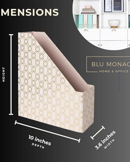 BLU MONACO | Set of 4 Foldable Pink & Aqua Magazine File Holders with Gold Geometric Patterns | Vertical File Organizer Boxes with Gold Label Holders for Home & Office