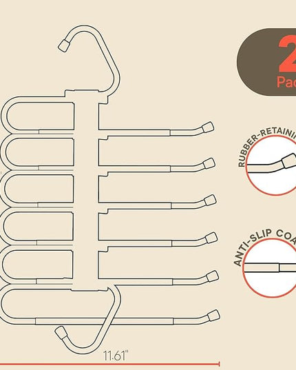 Space Saving Pants Hangers 2 Pack, 6 Layer Jeans Hangers and Closet Organizer for Jeans, Scarves, & Skirts, Multi-Layer Hanger with Anti-Slip Stopper, Heavy-Duty S-Type Stainless Steel, Gray