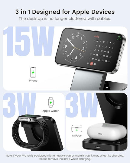 ESSAGER 3 in 1 Foldable Travel Wireless Charger Compatible with iPhone 16/15/14/13/12 Series, 15W Magnetic Wireless Charging Station for Desk for Airpods 4/3/2/Pro, iWatch with 20W Adapter