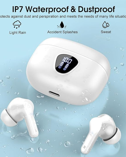 Wireless Earbuds, Bluetooth 5.4 Headphones HiFi Stereo, Bluetooth Earbuds with ENC Noise Cancelling Mic, IP7 Waterproof in Ear Earphones, 48H, LED Display Ear buds for Pad Phones Workout Sports, White