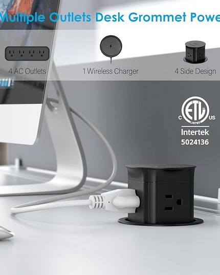Jgstkcity Pop Up Outlet with 15W Wireless Charger,4 Outlets 15A, Splash Resistant,3 inch Desk Hole Power Grommet,Space Saver Outlet for Kitchen Countertop,Office Conference Table,ETL Listed (Black)